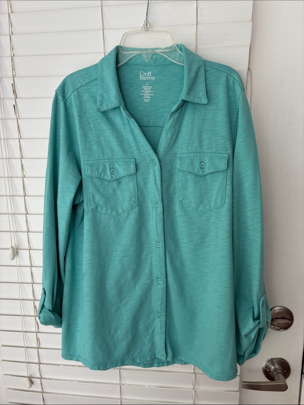 Croft & Barrow Utility Shirt Top Roll Tab Long Sleeve Button Down SZ L Green